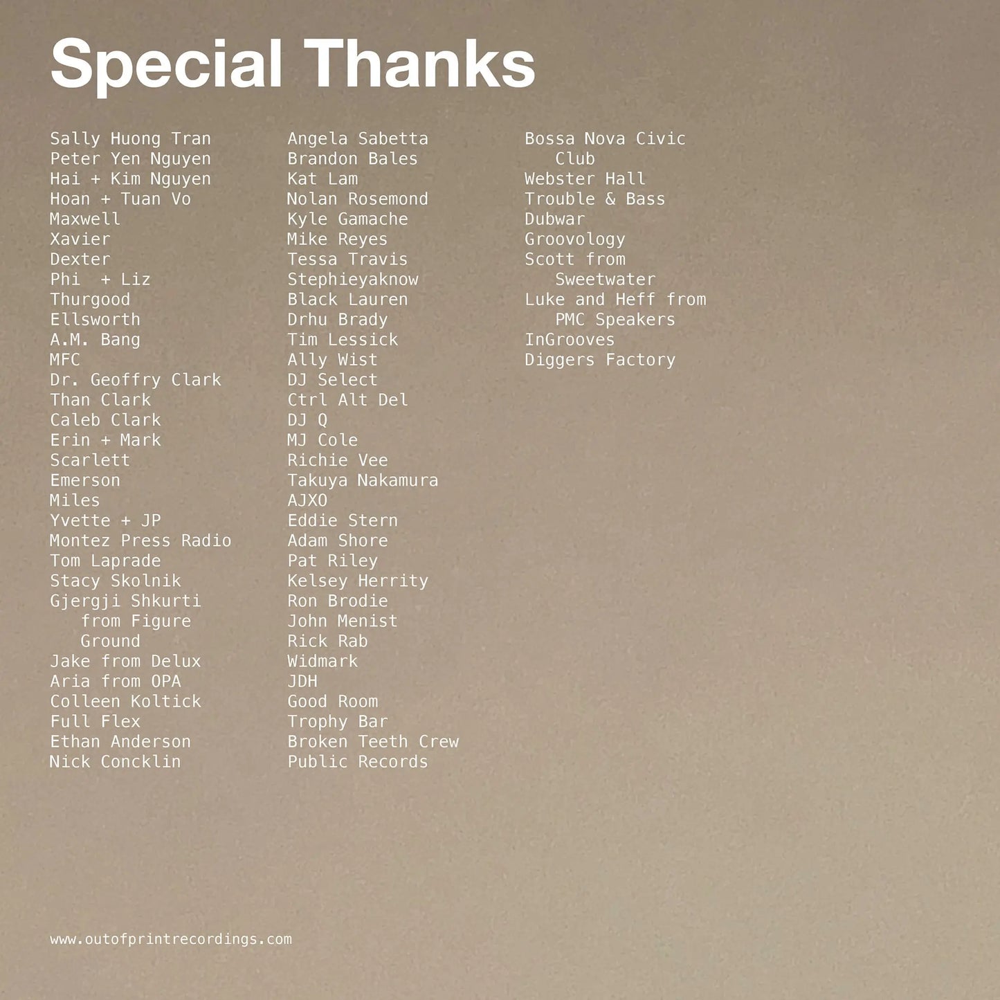 List of names on a brown background with 'Special Thanks' at the top.