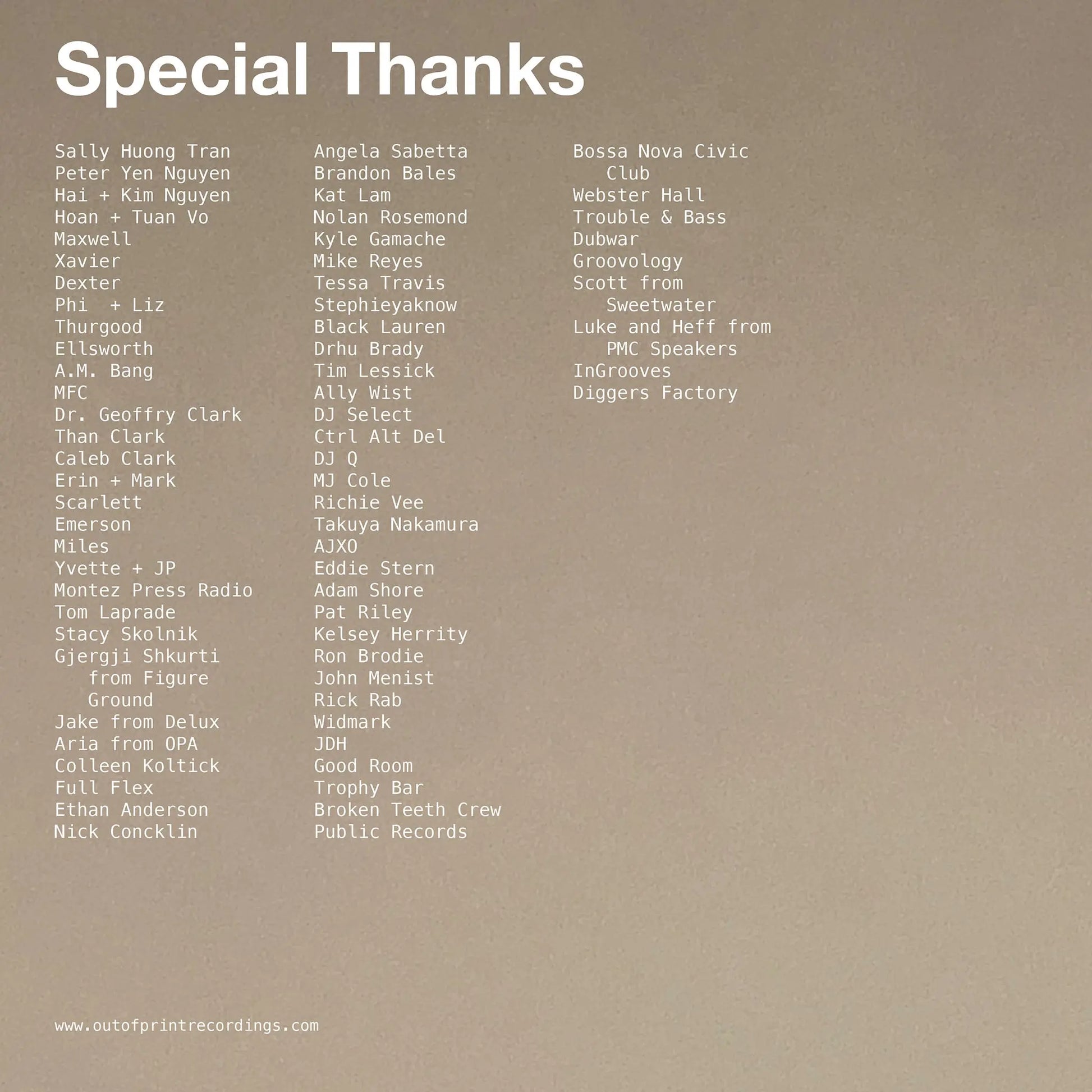 List of names on a brown background with 'Special Thanks' at the top.