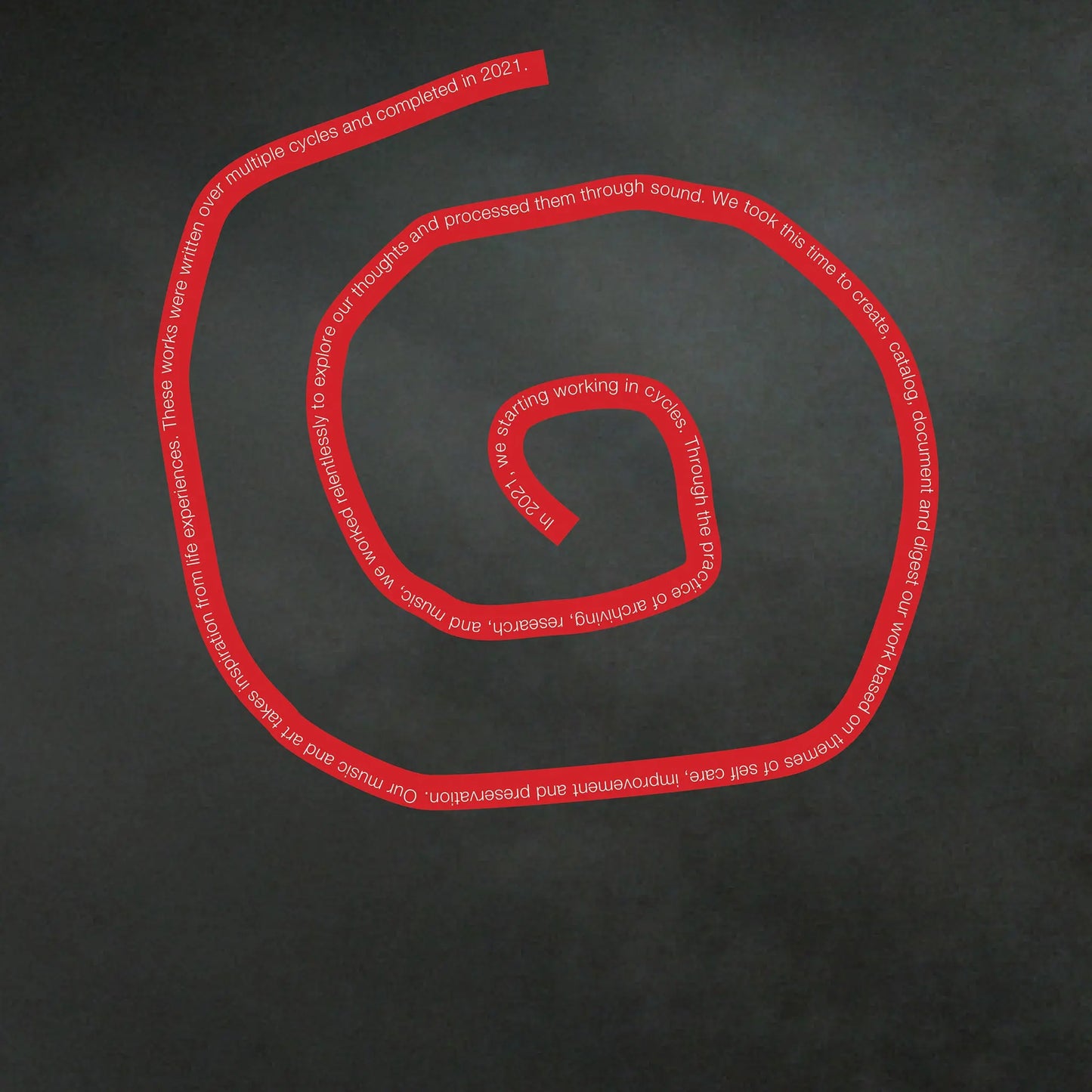 Red spiral on a black background with text