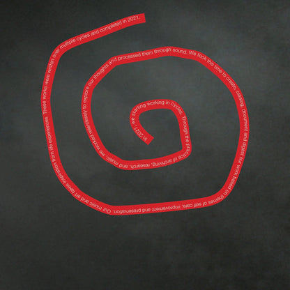 Red spiral on a black background with text