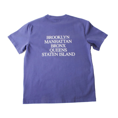 Purple t-shirt with white text listing boroughs on a white background