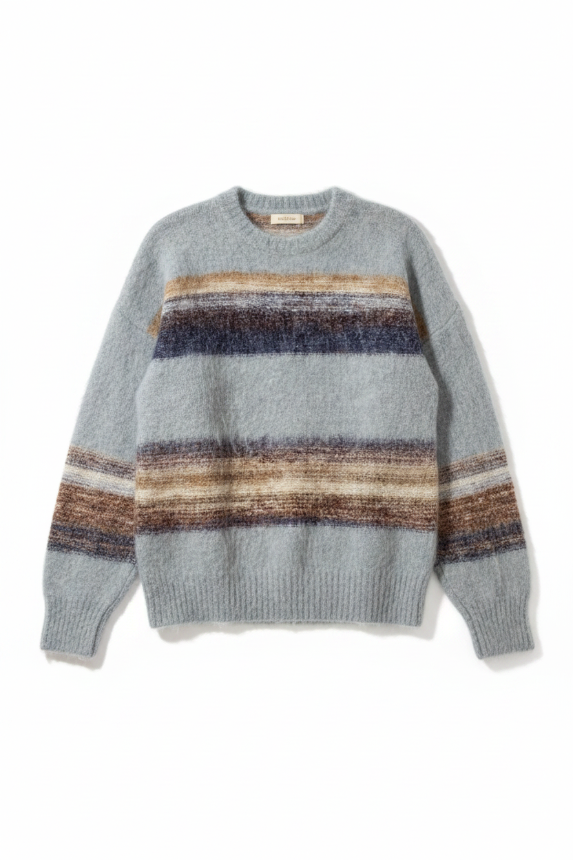 Striped Round Neck Sweater Flat Lay